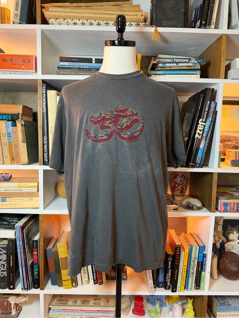 Supreme Charcoal Gray Short-Sleeve Tee with Multicolor Om Graphic